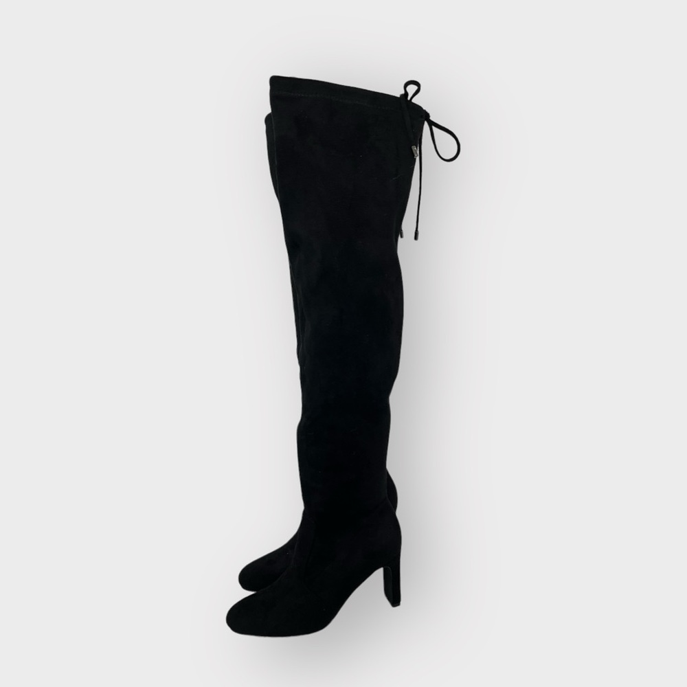 Windsor Black Faux Suede Thigh High Tie Boots Size 8